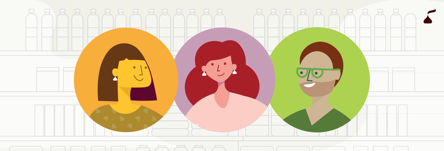 three illustrated characters over grocery store background